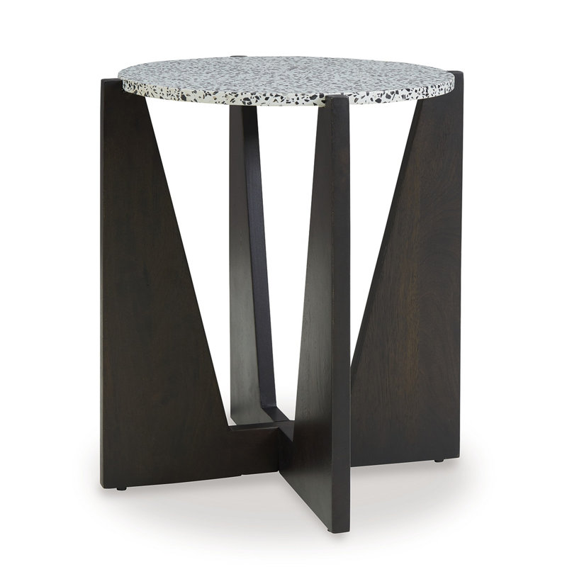 Table d'appoint, plateau rond en terrazzo, bois de manguier brun foncé