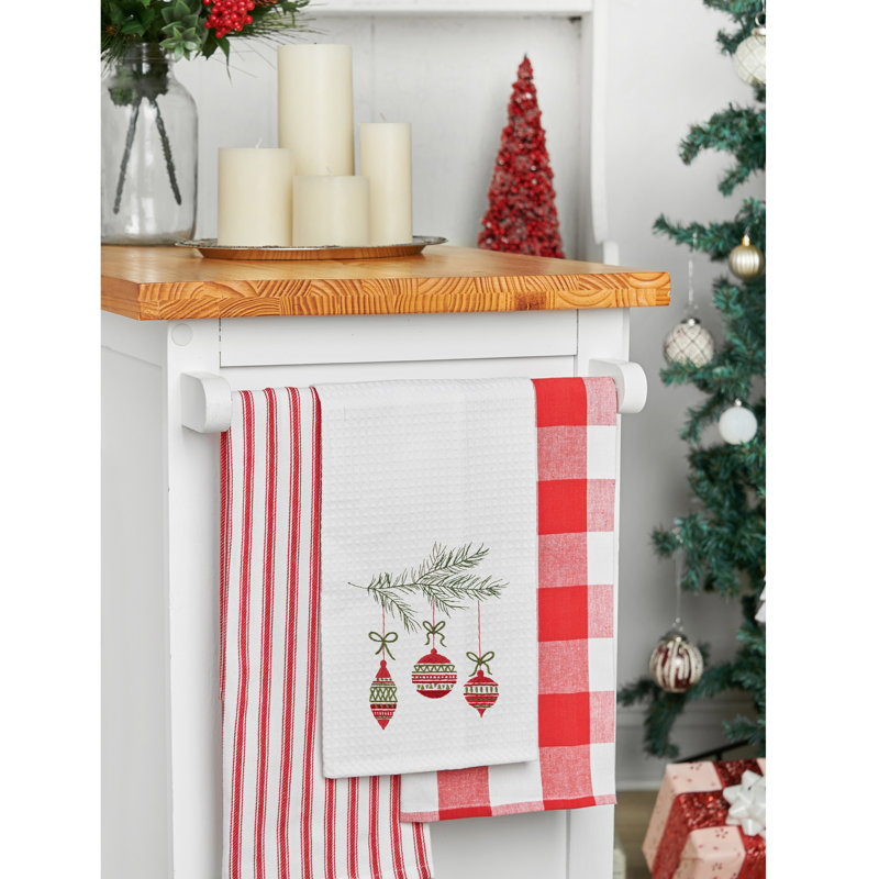 Hanging Christmas Ornaments Embroidered 100% Cotton Waffle Weave Dishtowel