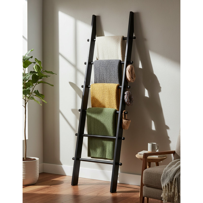 Rustic 6-Tier Wood Blanket Ladder, Black