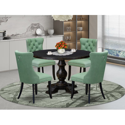 5 Piece Dining Set Consists of a 48" Round Table with Pedestal and 4 Willow Green Polyester Fabric Upholstered Chairs, Sand Blasted Black