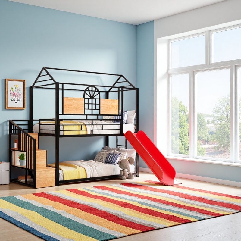 Twin Over Twin Metal Bunk Bed, Red