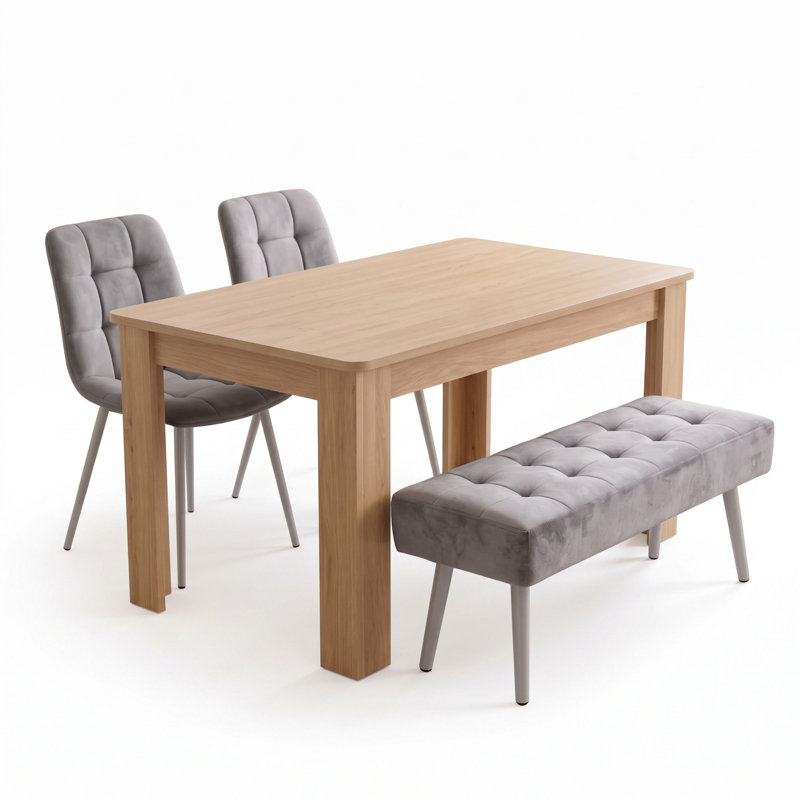 Oak Effect Dining Table Set with 2 Grey Chairs and Grey Bench 4 Seater Kitchen Dining Set
