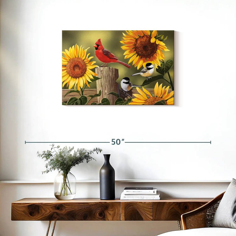 Tournesols Brampt et oiseaux chanteurs, H 20 po x l 30 po