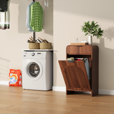 13 Gallon Tilt-Out Trash Cabinet & Laundry Hamper,with 1 Laundry Baskets,Drawers and Power Outlets