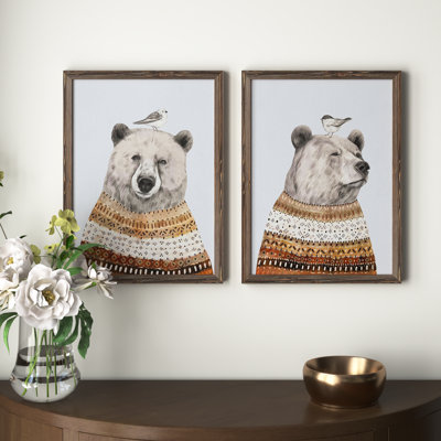 Fair Isle Bear I" 2-Piece Painting Print Set of Bears Wearing Cozy Wraps