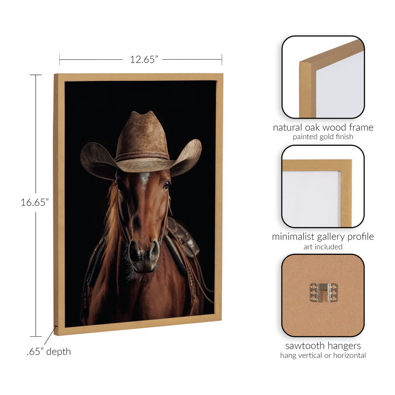 Horse Wearing a Western Cowboy Hat by The Creative Bunch Studio Framed Wall Art Print, Cadre doré, H 12,65 po x l 16,65 po