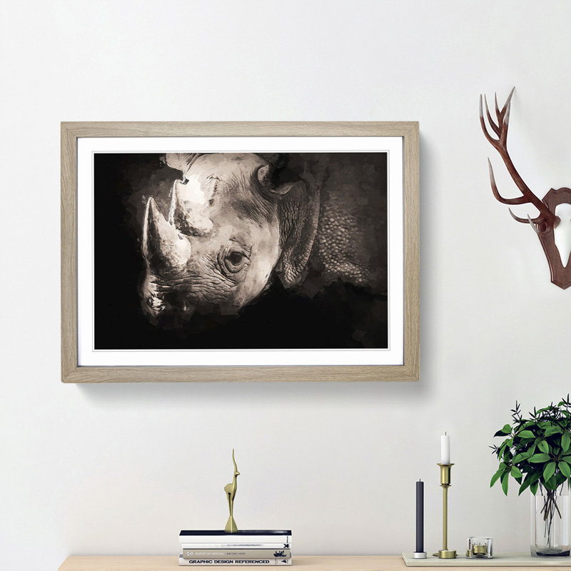 The Gaze of the Rhino in Abstract - Picture Frame Graphic Art Print, 62cm H x 87cm W x 2cm D, Oak Framed