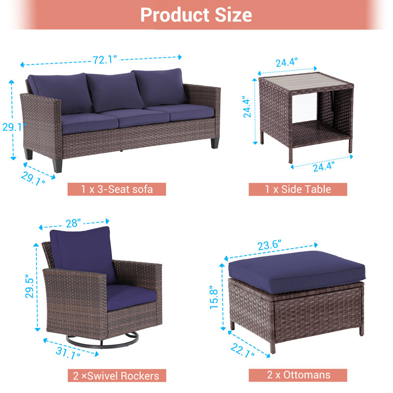Ensemble de conversation avec fauteuil berçant et pivotant pour 5 personnes Charlenne, Brun, Bleu marine