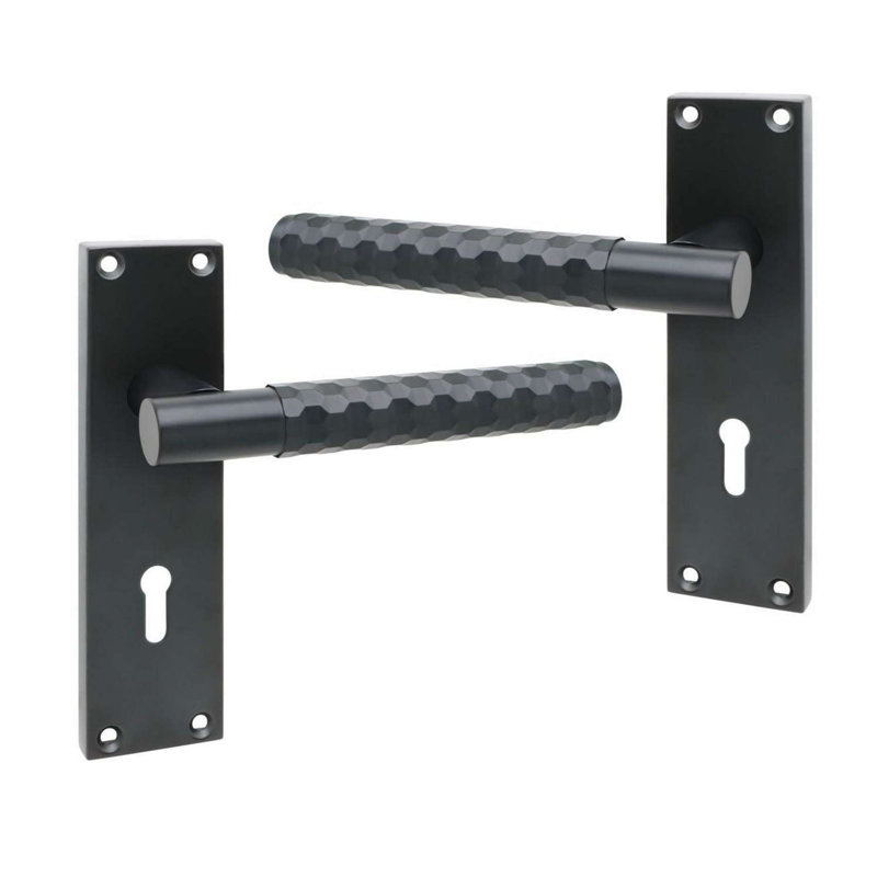 Golden Grace 1 Pair Victorian Knurled Hex Cut Lock Door Handle Matt Black - Secure and Elegant 3 Lever Lock Set with Hinges - 150mm x 40mm
