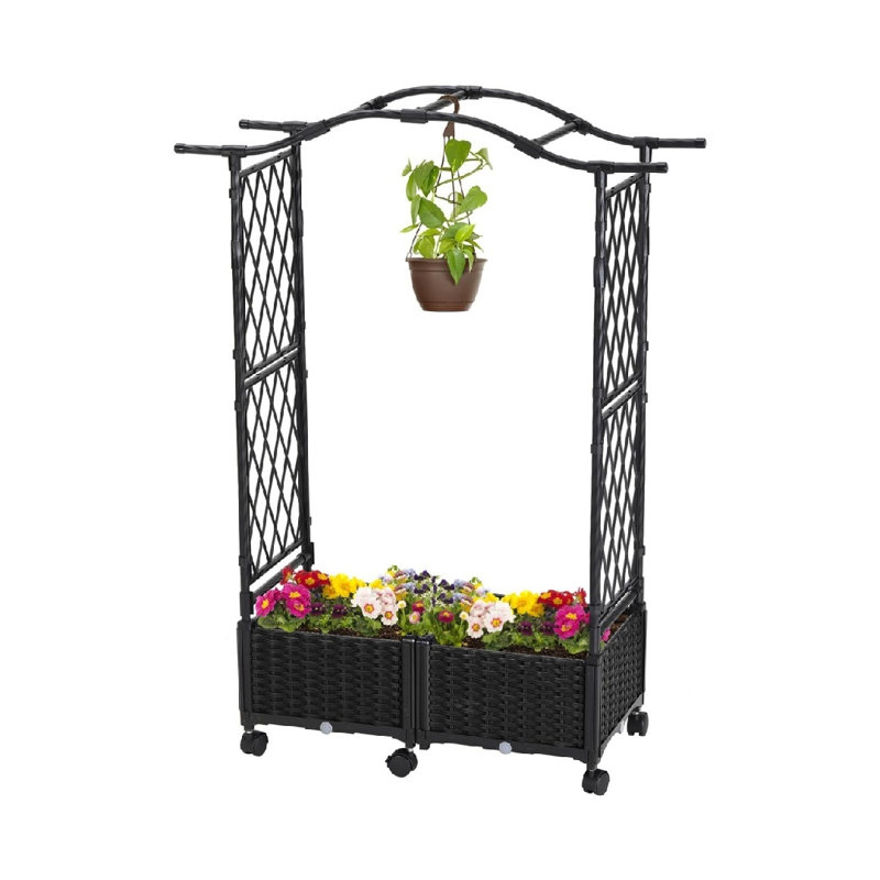 Garden Bed With Arch Trellis,Planter Box With Lockable Wheels,4 Drainage Holes,Hanging Roof Free-Standing Trellis For Backyard Patio Balcony,Black,31.5 X15.7 X57
