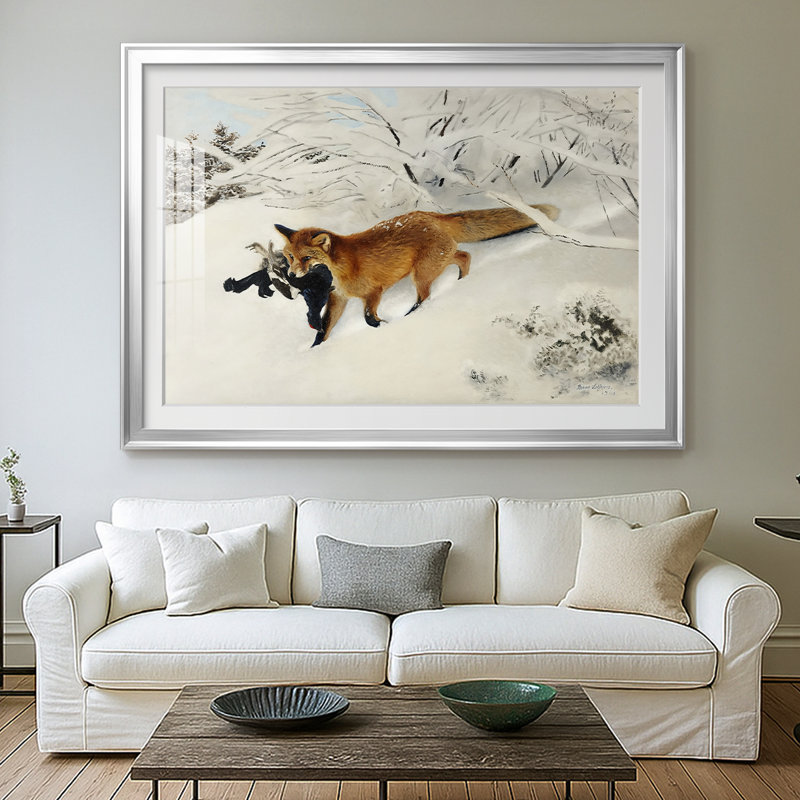 Renard avec une gélinotte noire-Bruno Liljefors-Reproduction encadrée avec passe-partout et verre-1899, 30 x 5 x 42,5, Argent