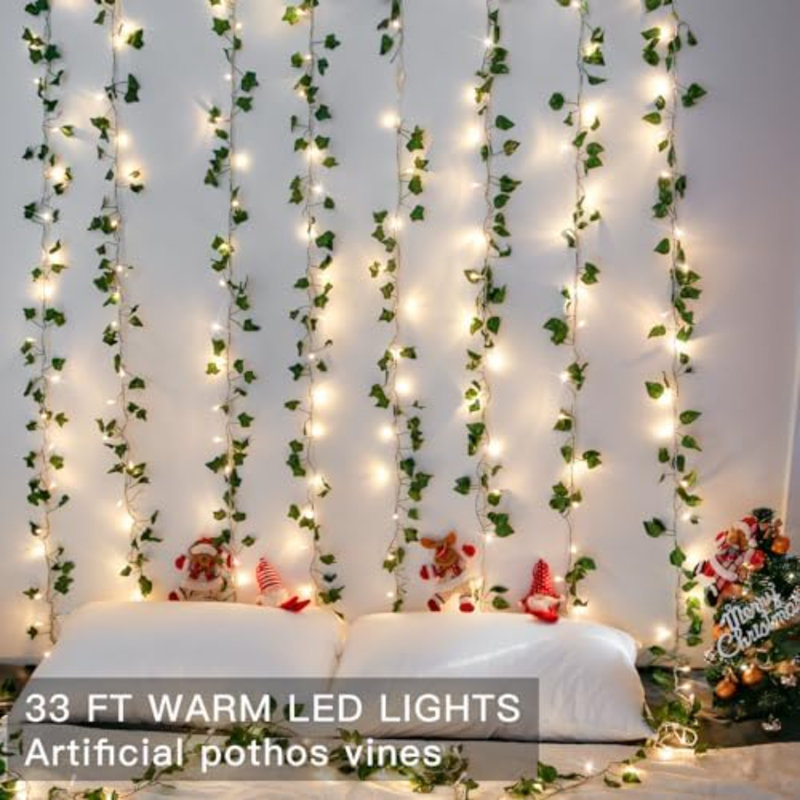 Vigne avec guirlande de lumières enfichable, guirlande de 100 lumières à DEL Pothos de 33 pi pouvant être connectées à une télécommande, lumières à feuilles pour chambre à coucher, chambre, mur, jardin, fête, décor de dortoir de mariage (blanc chaud)