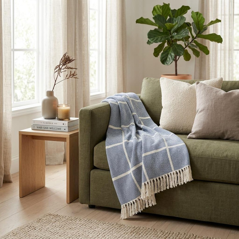 Jeté rayé en coton tissé bleu