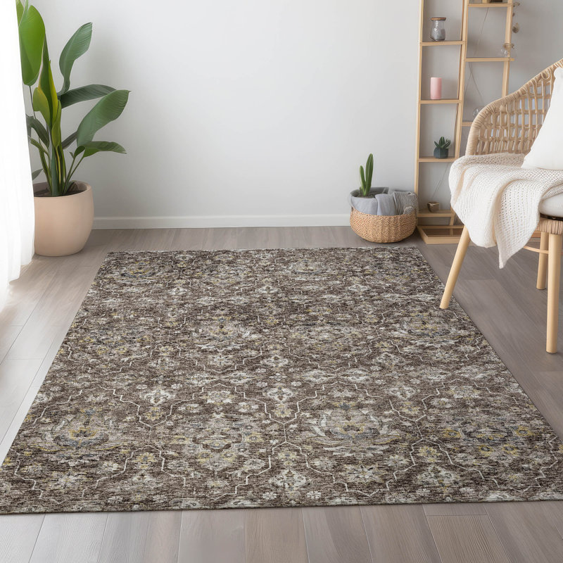 Premium Machine Washable Alliah AMF94 Brown 8' x 8' Round Rug, Rectangle 2'6" x 3'10"