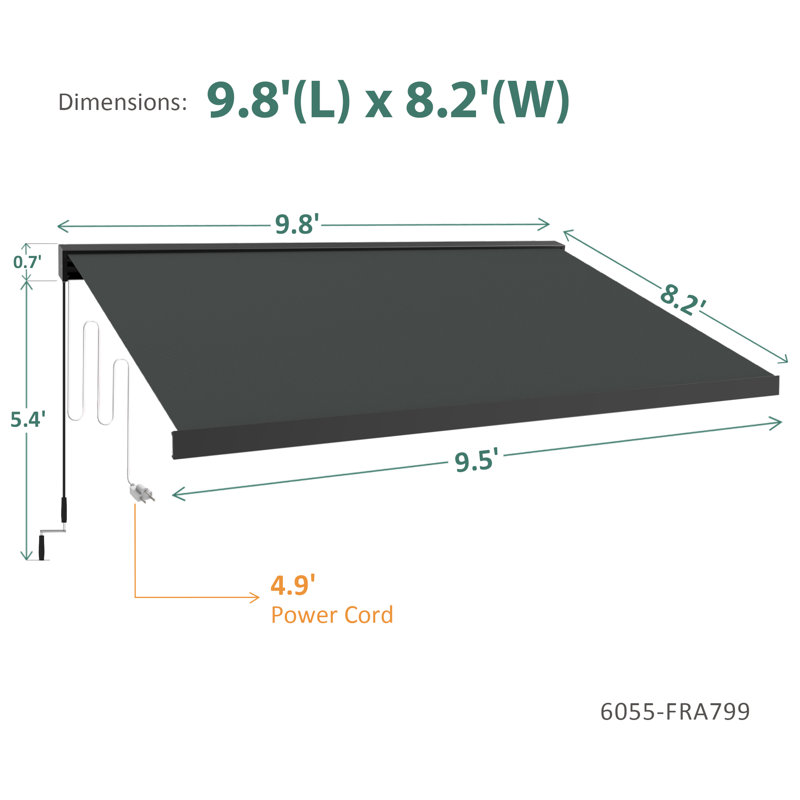 Motorized Retractable Patio Awning with Acrylic Fabric & Aluminum Frame, 12' x 10'