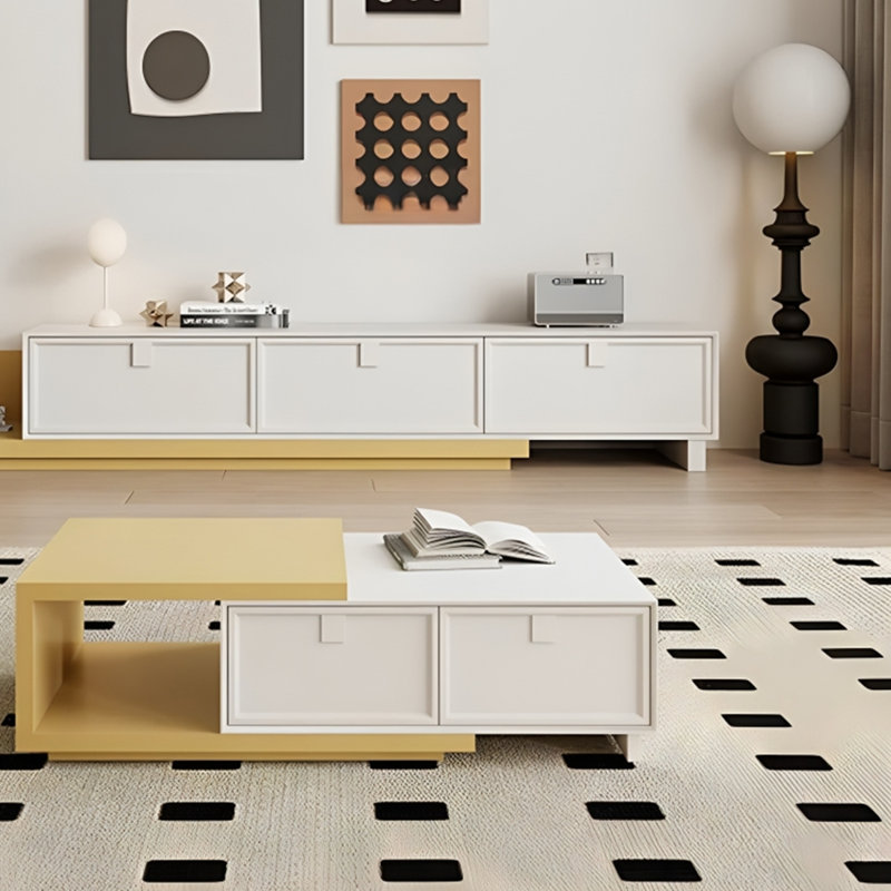 Ensemble de meuble télé et table basse extensible en bois massif, Crème / jaune
