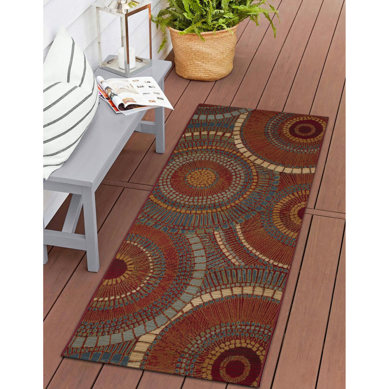 Lygia Abstract Synthetic Non-Skid Kitchen Mat, Red/Orange/Blue, Runner 1'11" x 4'11"