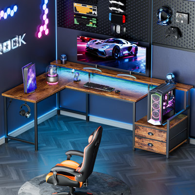 L-Shaped Computer Desk with LED Lishts, Pover Outlets, Drawers & Printer Stand, Convertible Gaming Desk