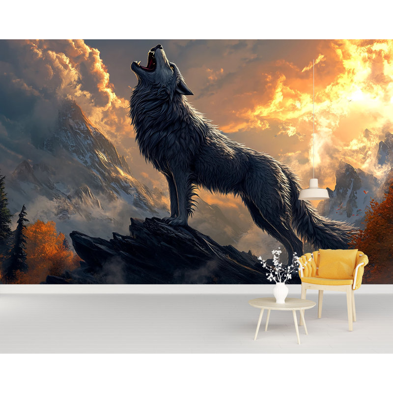 Papier peint Majestic Wolf Howling, L 144 po x l 100 po, Peler et coller