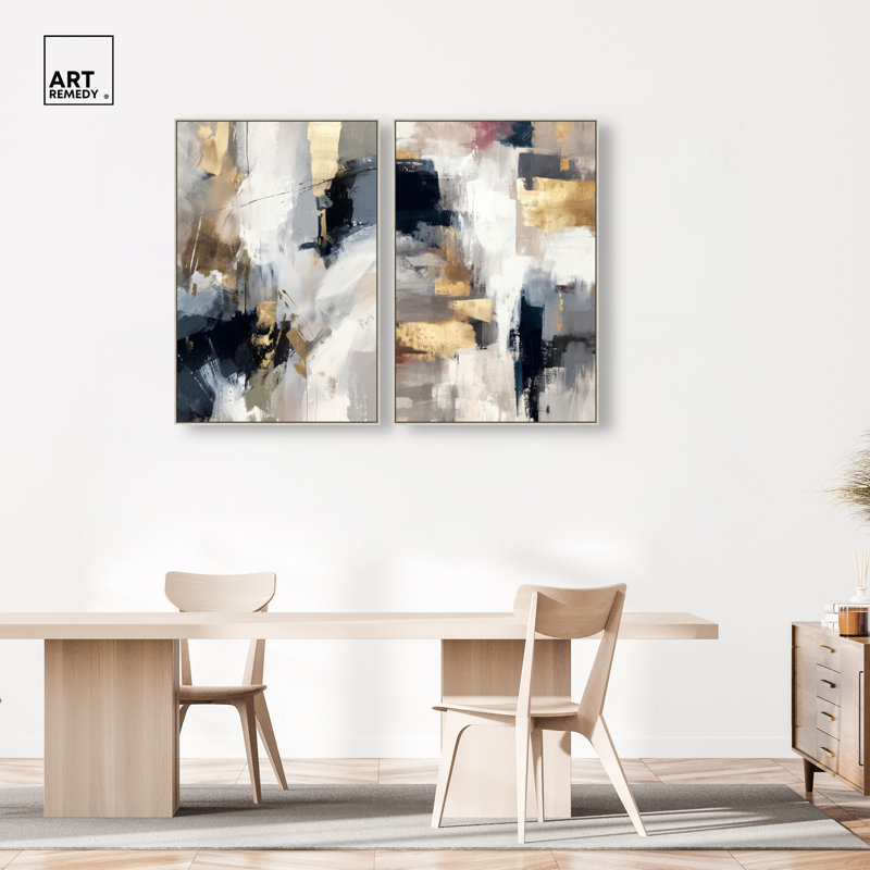 Ensemble de décorations murales boho à impression sur toile dorée et abstraite encadrée par Art Remedy, cadre argenté, 30 x 45