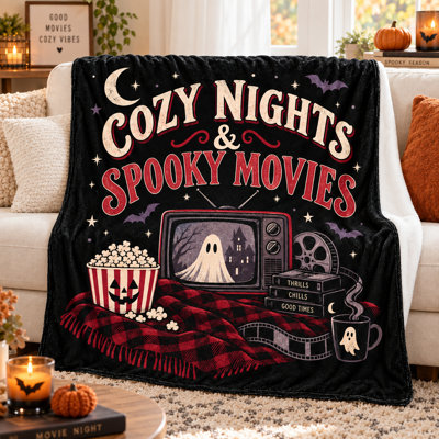 Movie Night Ghost Blanket, Black Red Flannel Throw with Retro TV, Popcorn, Bats and Moon for Couch, Bed, Reading, Travel and Seasonal Room Accent, 50 x 60 in