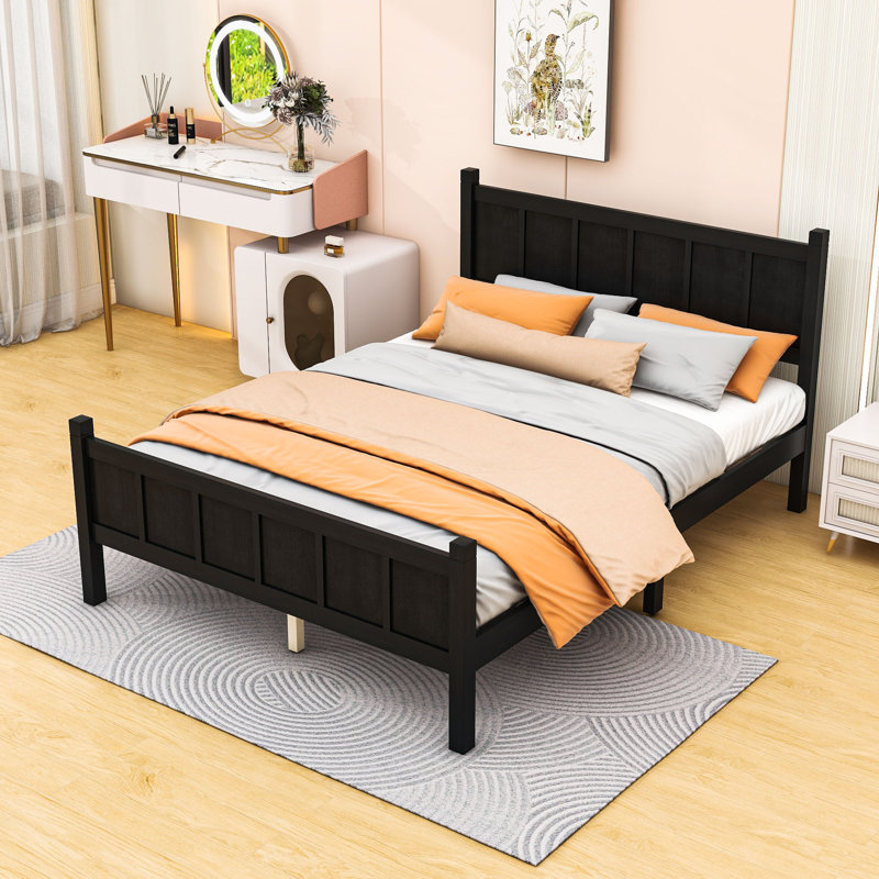 Lit plateforme en bois avec tête de lit, Noir, Lit double