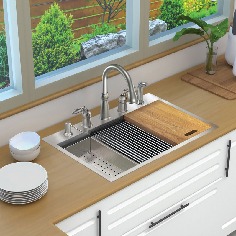 Transolid 32-in X 22-in 18-Gauge Drop-in Stainless Steel Kitchen Workstation Sink, 5 Hole