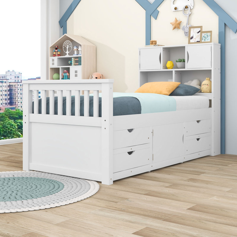Valbona Twin 4 Drawers Wood Bookcase Platform Bed