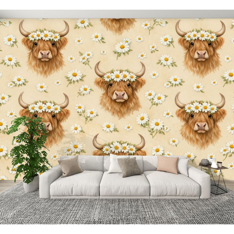 Papier peint auto-adhésif Highland Cow, L 144 po x l 100 po