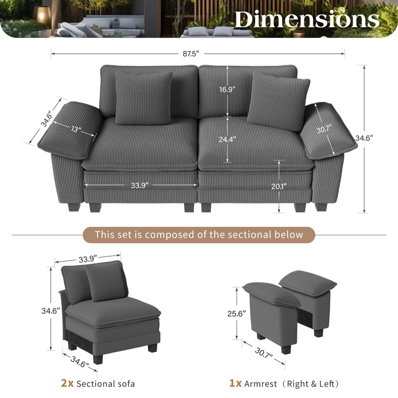 2 Seater Chenille Sofa & Chaise, Light Grey Corduroy