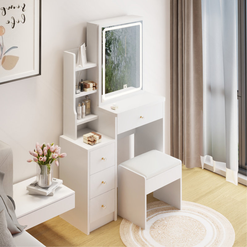 Compact And Versatile Vanity Table Set With Advanced LED Mirror And Spacious Storage, White