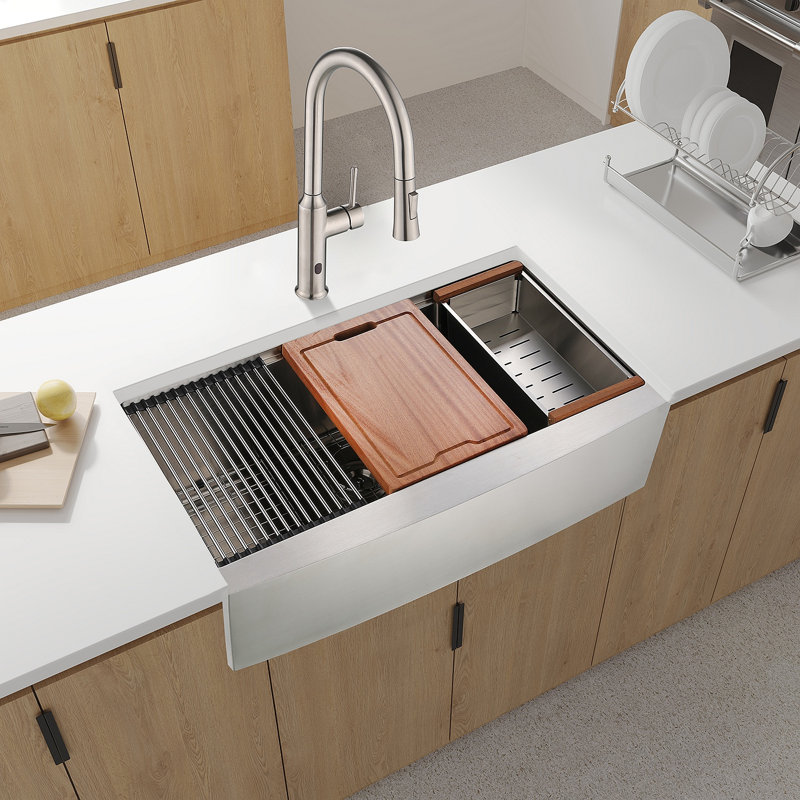 33X22x10"Farmhouse Apron Single Bowl Stainless Steel Kitchen Sink With Workstation