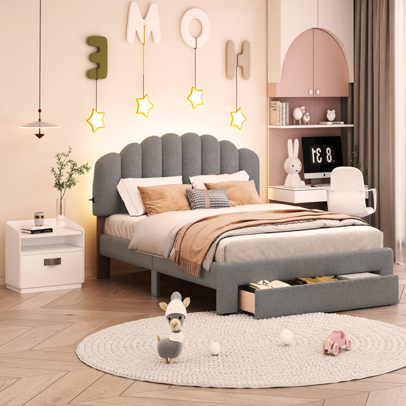 Teddy Fleece  Upholstered Platform Bed with Drawer