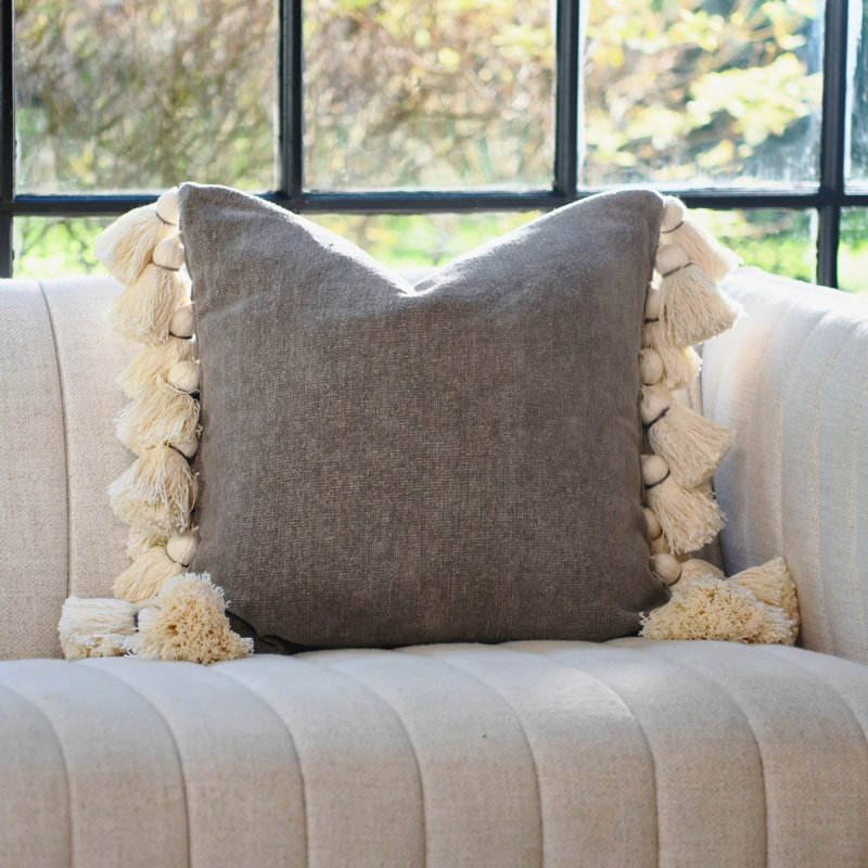 Tassels Cotton Reversible Throw Pillow, Gray, 18" x 18"
