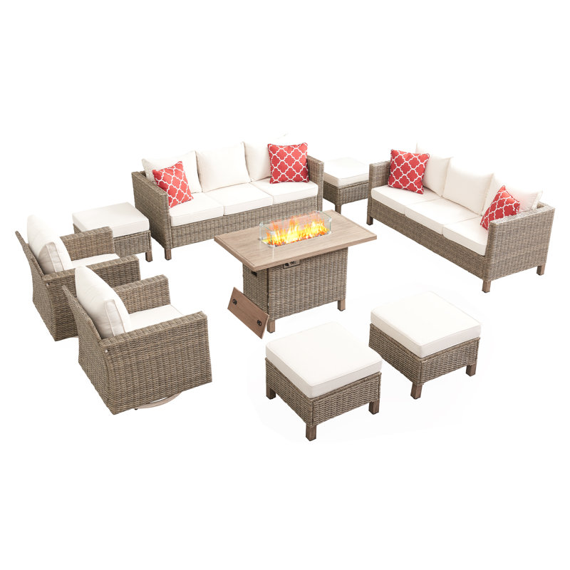 9 Piece Patio Outdoor Conversation Set With Swivel Chairs And Fire Pit Table, Beige