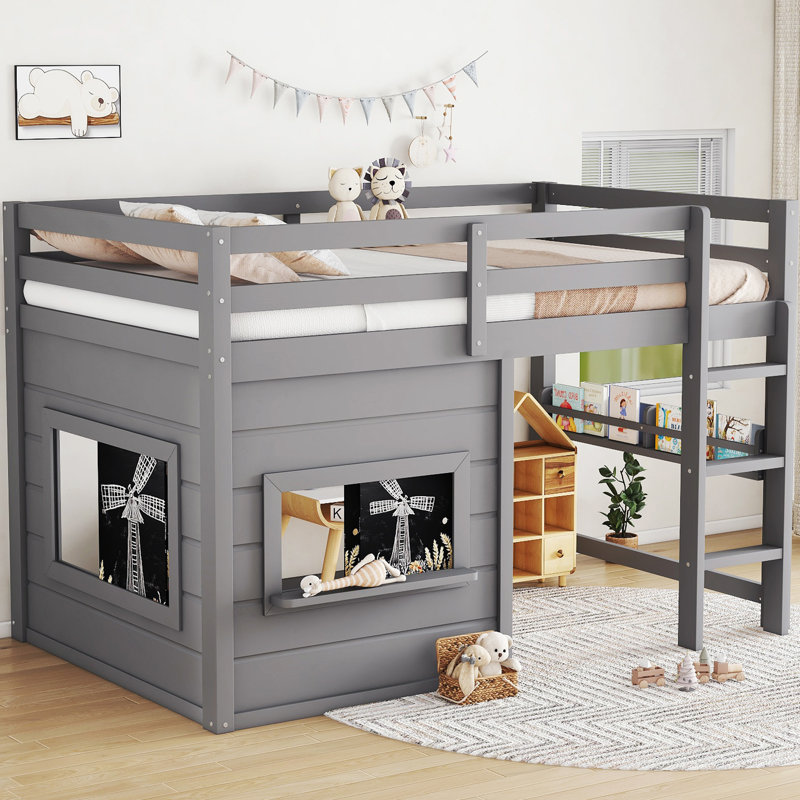 Lit mezzanine pour enfants avec tableau coulissant, gris, Simple