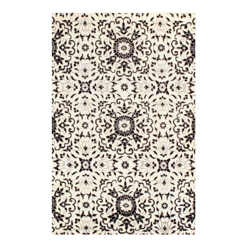 Tapis oriental noir / blanc en coton et laine noué à la main 4 pi x 6 pi Alila
