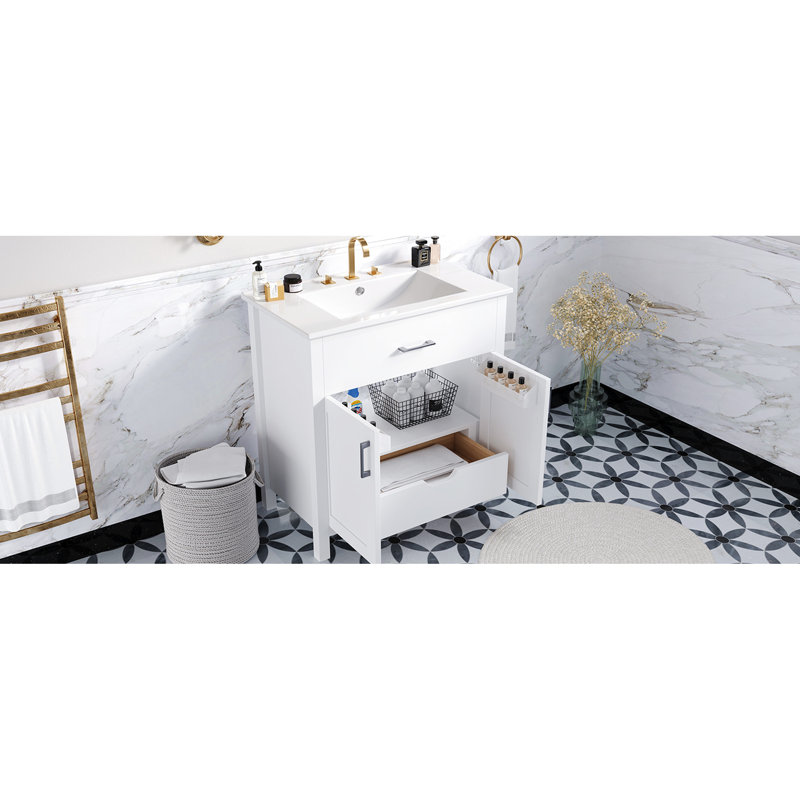 Meuble-lavabo de 30 pouces avec lavabo en céramique - bois massif +, rangement spacieux, poignées exquises pour un évier qui rehausse le style, espace de rangement, design élégant