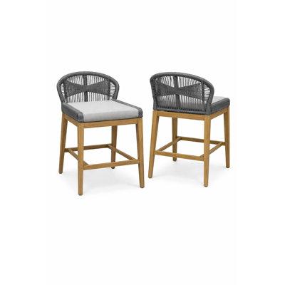 Marcardo Acacia Wood Outdoor Patio Bar Stools With Rope Woven Back (set Of 2) – Coastal Counter-height Barstool Chairs With Cushions- Grey
