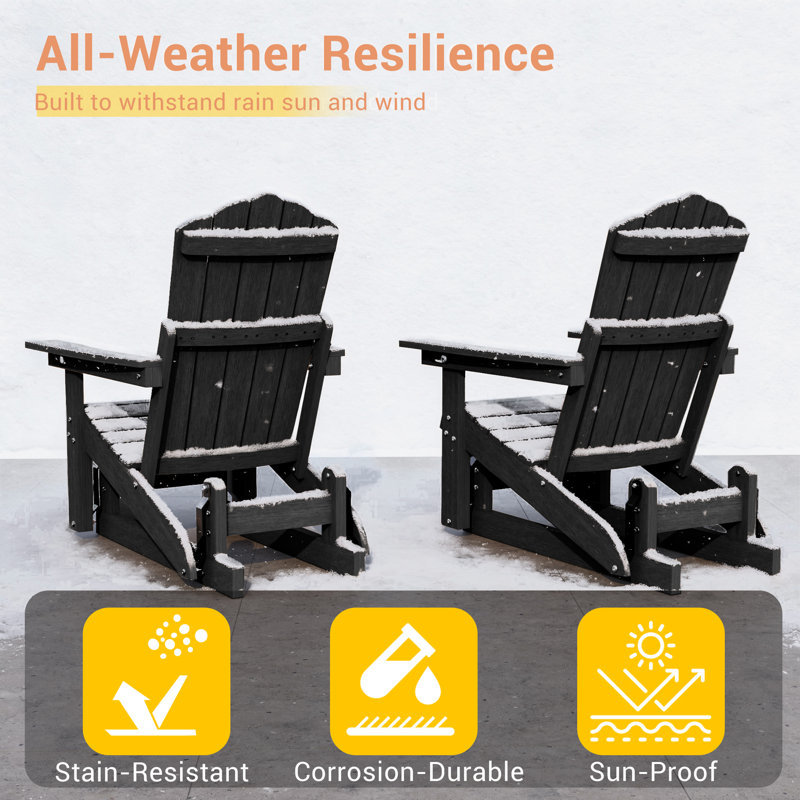 HDPE Glider Adirondack Chair, Wood-Like Glider Rocking Chair, 3-Position Adjustable Fire Pit Chair with Cup Holder for Lawn, Deck, & Poolside