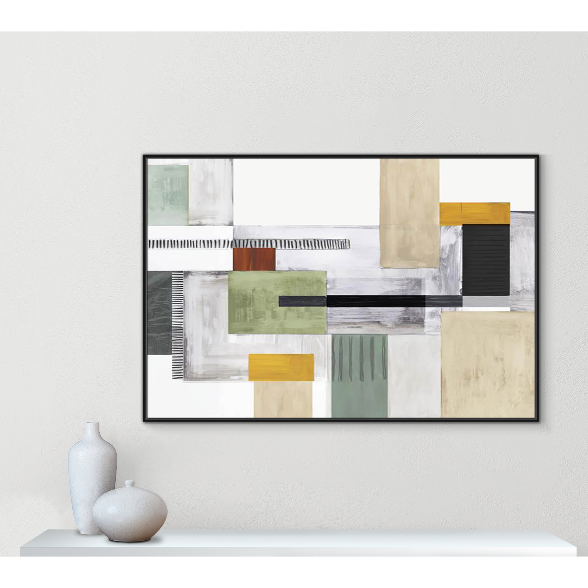 Playful Blocks by Tom Reeves, 41.5" H x 61.5" W x 2" D, Black Floater Framed, No Mat