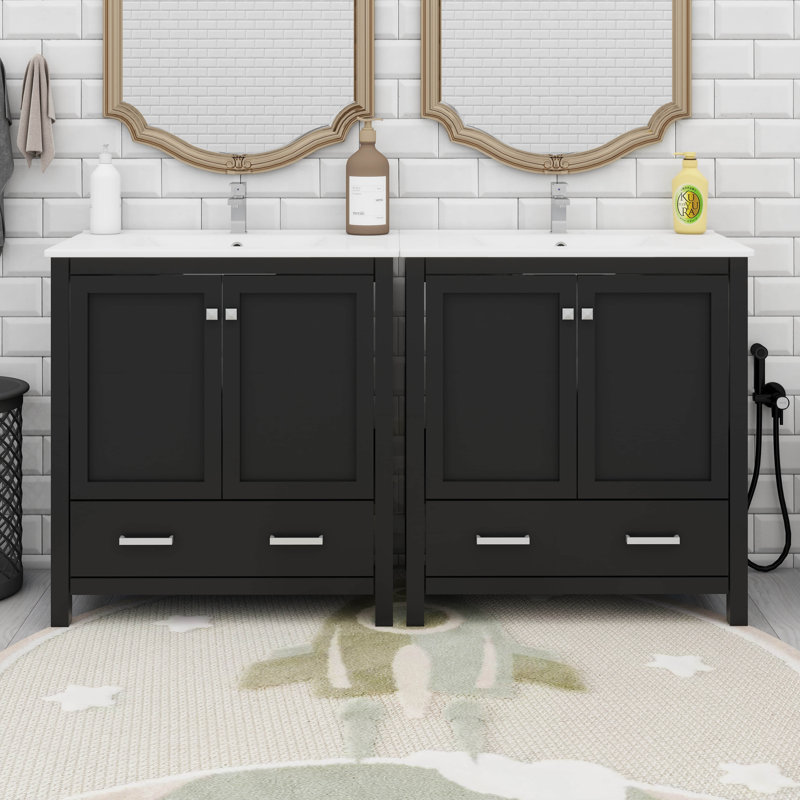 Ensemble de meuble-lavabo 60 po, double meuble-lavabo, double lavabo en céramique, tablette de rangement et tiroirs divisés