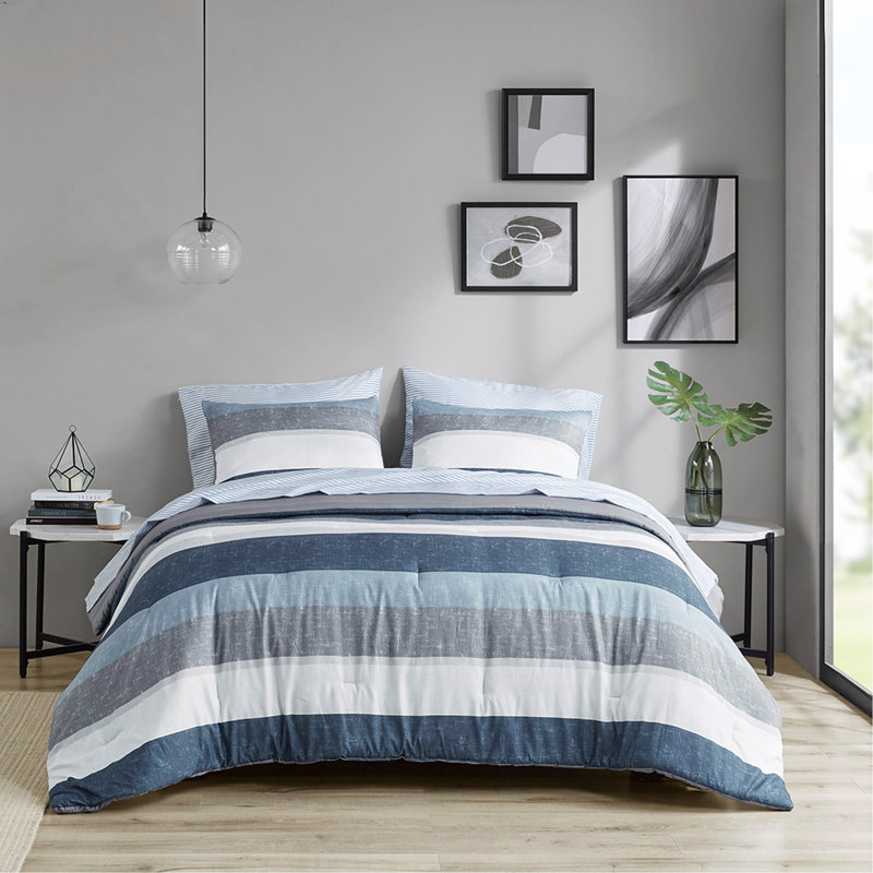 Ensemble d'édredon à rayures avec draps bleu et gris pour très grand lit, hypoallergénique et antimicrobien
