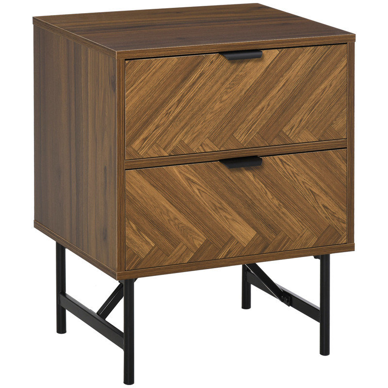 Walnut Brown 2-Drawer Bedside Nightstand with Metal Handles, Storage Side Cabinet for Bedroom Living Room