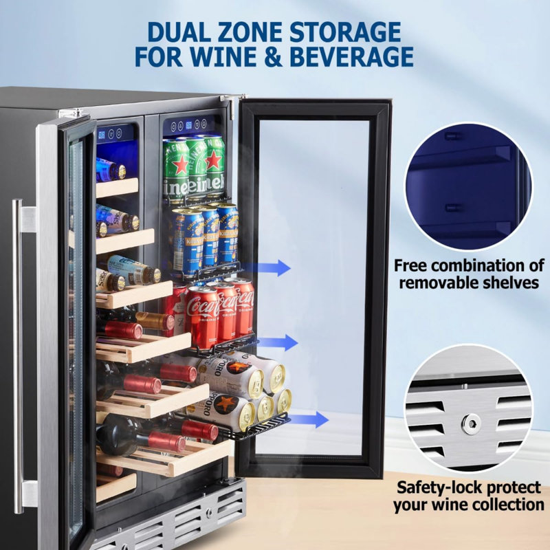Kalamera 24 Inch Wine And Beverage Refrigerator, Wine Fridge Dual Zone Hold 21 Bottles And 77 Cans,built In Or Under Counter Wine Fridge With Blue Led Light