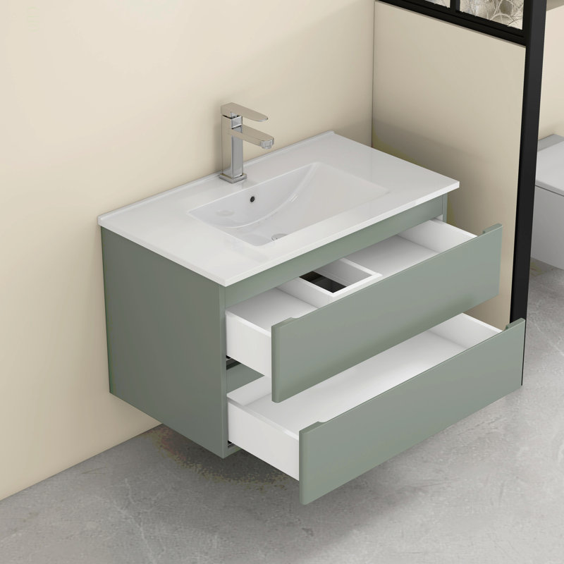 Meuble-lavabo mural de 32 pouces avec lavabo combiné, tiroirs doubles, façades de tiroirs arrondies, système de fermeture en douceur, lavabo en céramique, conception sans poignée, bois massif, facile à installer, le robinet n'est pas inclus