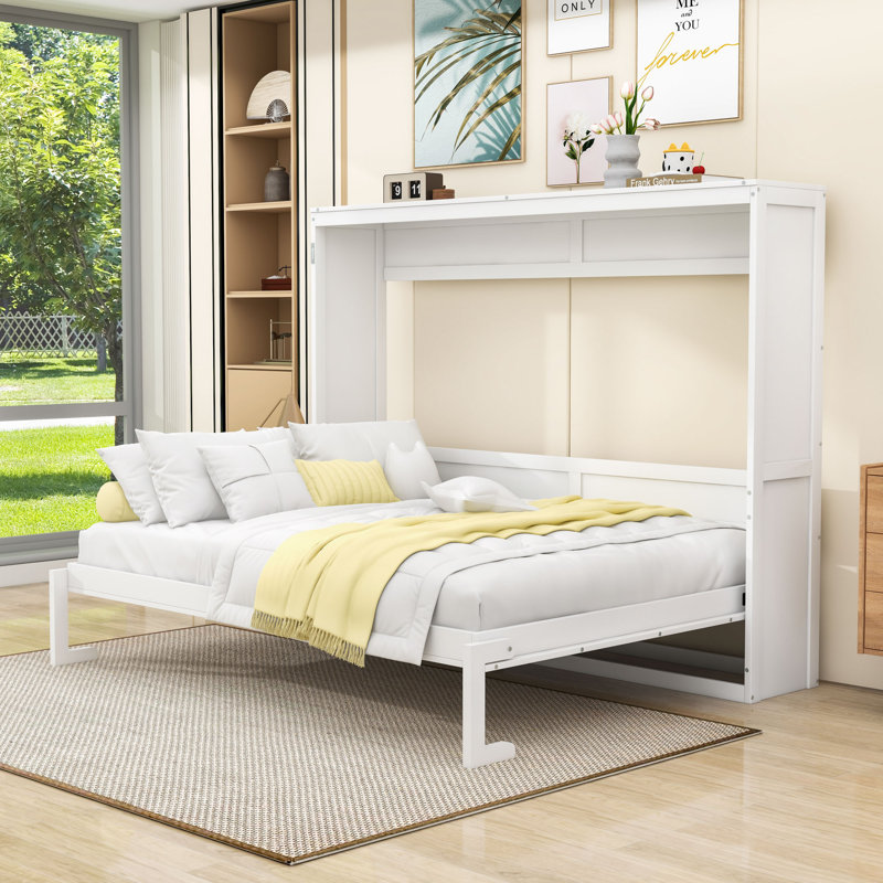 Lit escamotable en bois avec confort flexible, Blanc, Grand lit