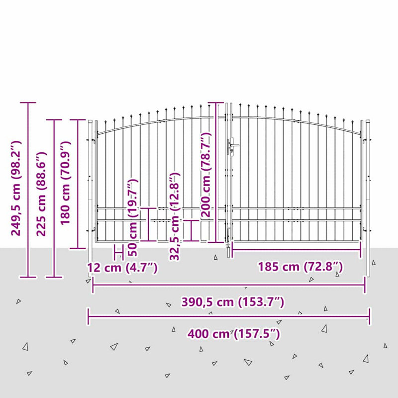 Double barrière avec verrou gris en acier 400 x 199,5 cm Vidaxl