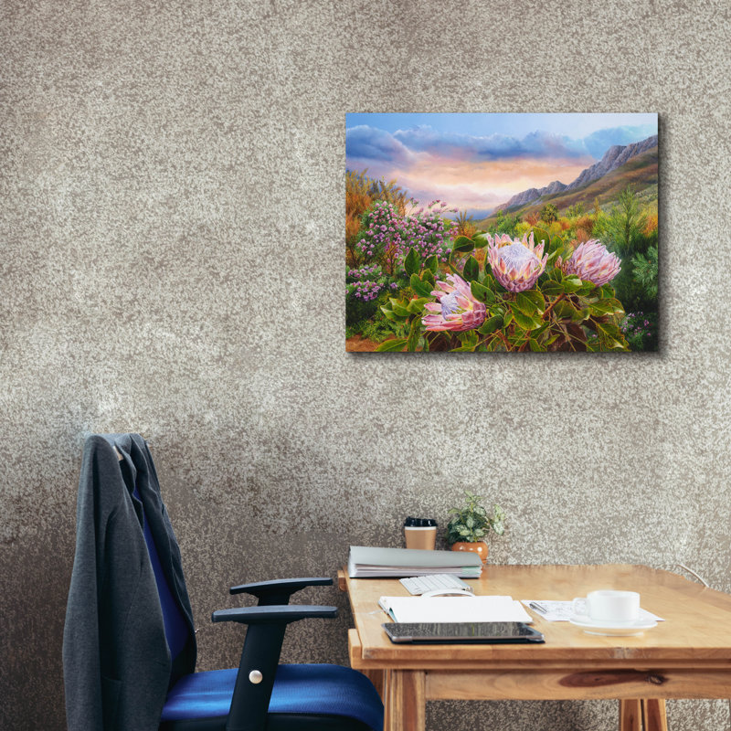 «Pink Proteas» par Delene Lambert, art mural sur toile, H 26 po x l 34 po