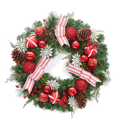 Couronne de Noël pré-éclairée 24 pouces avec 20 lumières DEL, couronne de Noël artificielle pour porte d'entrée avec boules rouges, boucles rayées, flocons de neige et pommes de pin